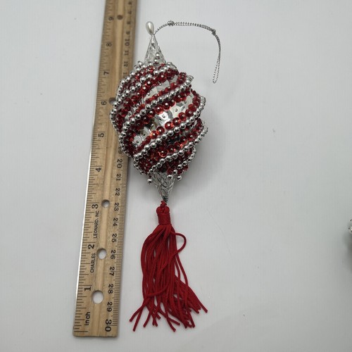Vintage Push Pin Ornament Ball Sequin Beaded Red Christmas 8” Ornament - Picture 8 of 8
