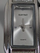 Ellen Tracy Silver Tone Dial Rectangle Case Shimmery Hinge Bracelet Band Watch