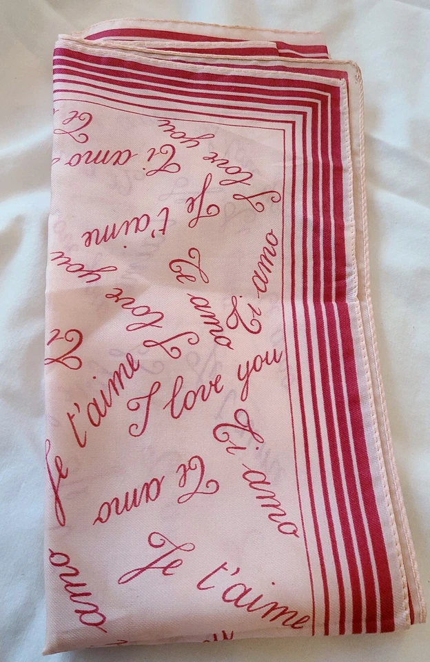 4 Vtg Acetate Tura Neck Scarfs 3 Love Language and 1 Logo Pink 21 Inch Square - Изображение 3 из 3