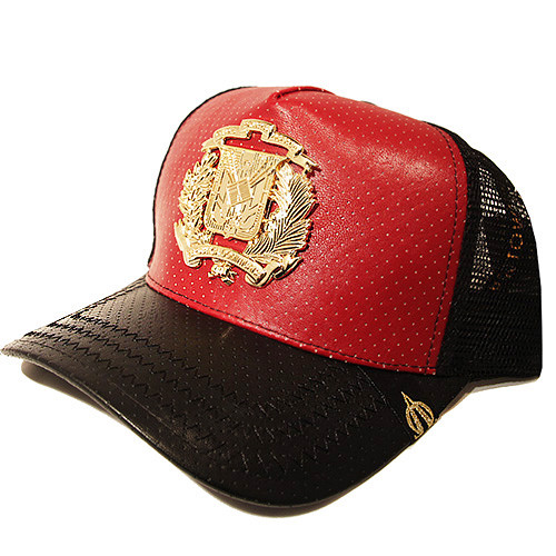 Dominikanische Republik Trucker Snapback Mütze Burgund Schwarz Leder Gold Abzeichen Kappe - Bild 4 von 6