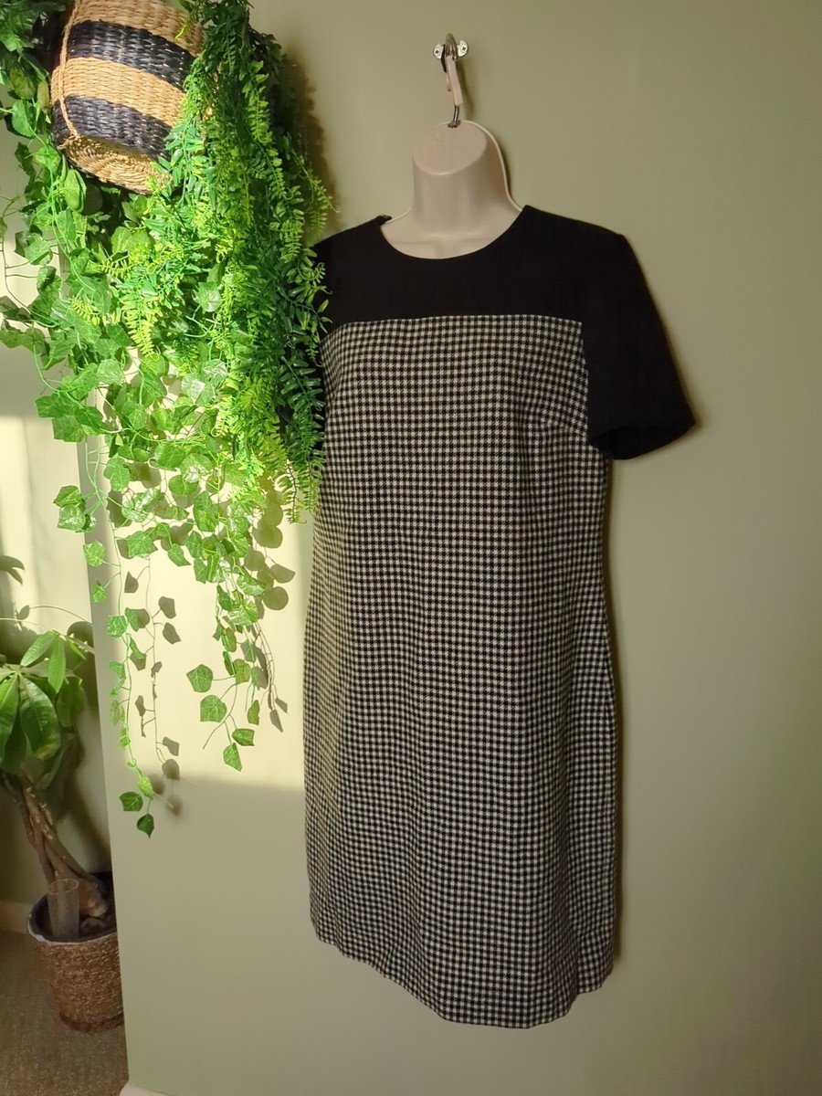 HOBBs Black White 80% Wool Houndstooth Shift Dress Size 12 Loose Winter Work