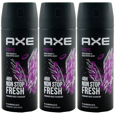 Axe Deo Spray EXCITE 3 x 150ml for man 48H Frische 0% Aluminium Salze Bodyspray