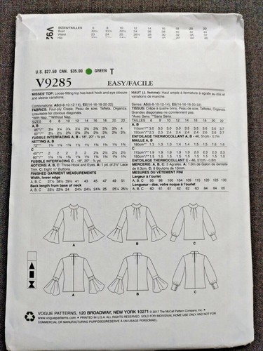 Vogue V9285 Pattern Easy Miss/Women Peasant Tops Loose Fitting Sleeve Variations - Picture 7 of 9