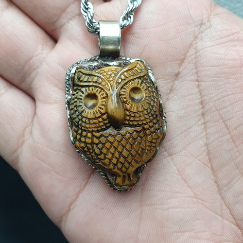 Vintage Tiger Eye Carved Owl Shape Brass Pendant With Stainless Steel - Picture 8 of 17