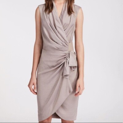 all saints ruched dress All Saints Ruched Cancity Draped Wrap Sleeveless Mini Dress Beige Satin UK  10 38