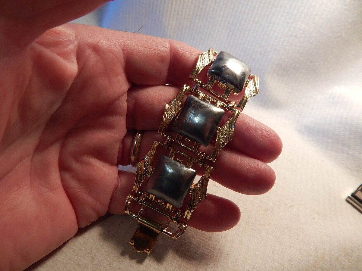 VTG 1950S 60S CORO COSTUME CHUNKY GOLD TONE BRACELET 5 GRAY FAUX 