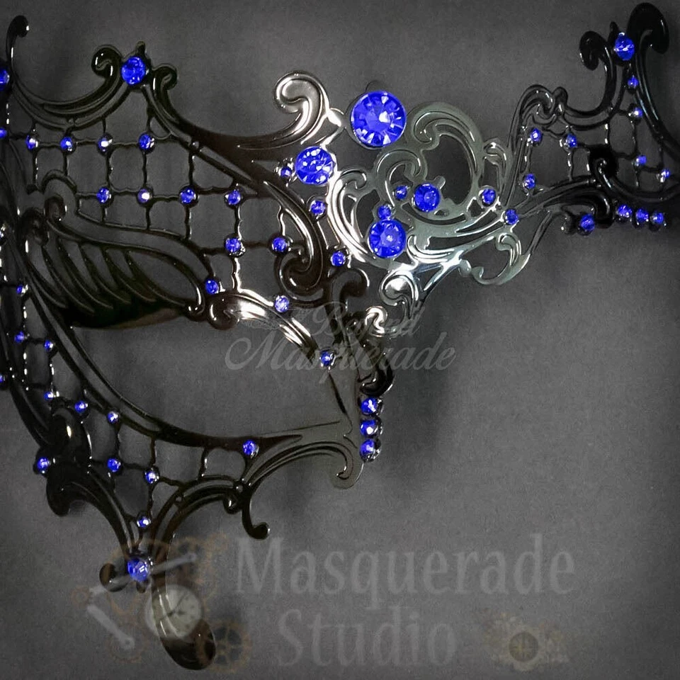 Womens Black Metal Phantom Laser-Cut Masquerade Prom Mask [Blue Rhinestones] - Image 4 of 4