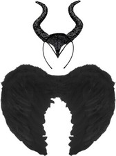 Black Dark Devil Horns+Feather Wings  Set Halloween FancyDress Party Costume