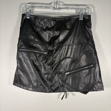 Pleather Heart Mini Skirt M Zipper Pockets Club Goth Metal