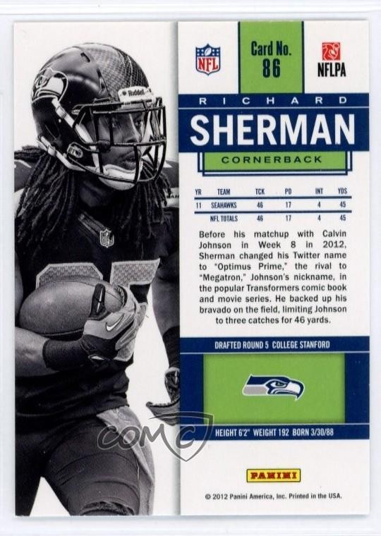 2012 Panini Contenders Season Ticket Richard Sherman #86 Rookie RC 8cx ...