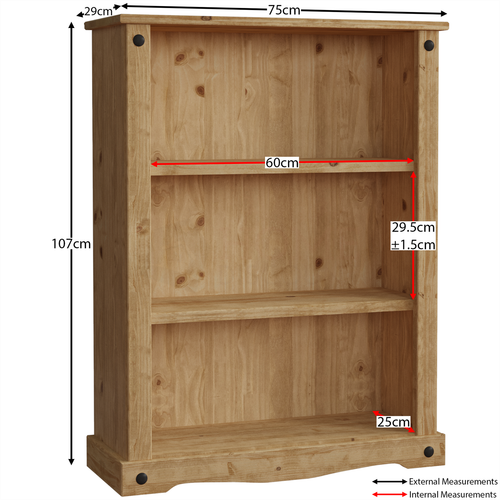 Corona Bookcase 2 Shelf Low Storage Mexican Solid Waxed Pine Display Living Room - Picture 2 of 7