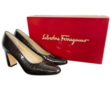 Vintage 90s Salvatore Ferragamo Brown Faux Croc Tall Chunky Heel Pumps ITALY 7.5