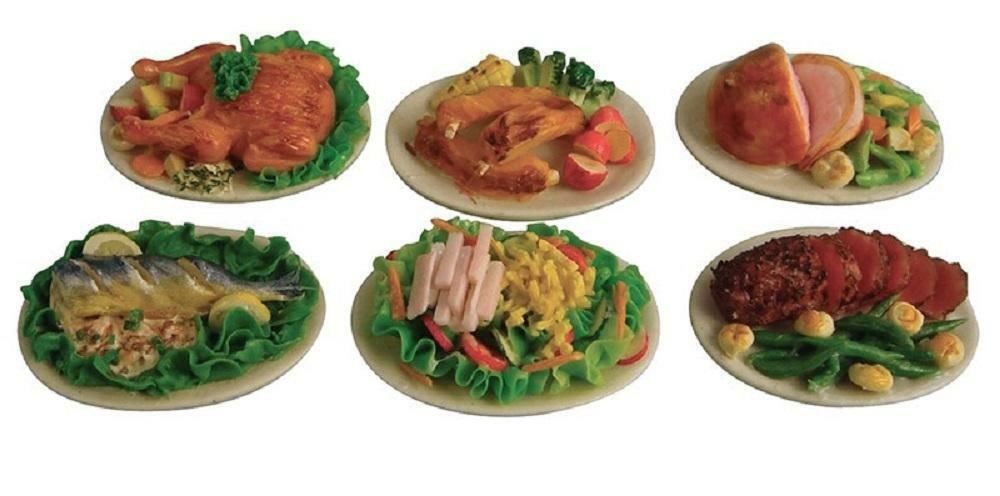 Dolls House 6 Plates of Food Beef Fish Pork etc Miniature Dining Room Accessory