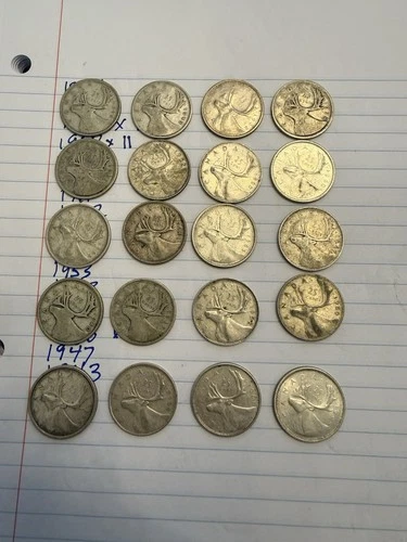 Lot of 20 Canada 25 Cent Silver Coins Fineness .800