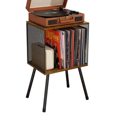 Record Player Stand with Storage up to 100 Albums, Retro Small Vinyl Record H