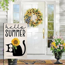 Hello Summer Black Cat Garden Flag Sunflower 12 x 18 Burlap Yard Outside Decor