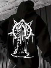 Men's Gothic Hooded Sweatshirt with Pentagram  Skull Print - Oversized Loose Fi