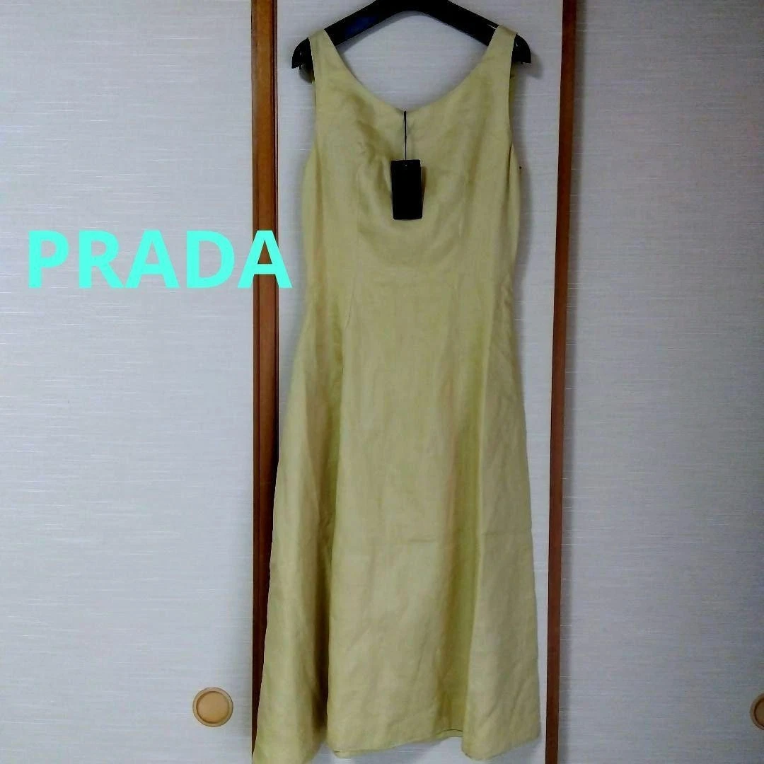 Abito midi PRADA giallo chiaro 100% lino senza maniche linea A taglia 42 elegante