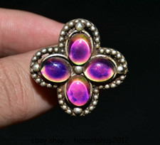 1.2" China Silber Inlay Turmalin Indicolit Dynastie Blume Finger Ringe