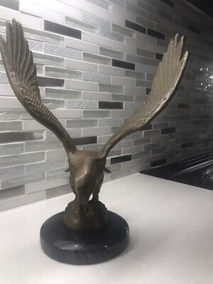VINTAGE Brass Eagle Spread Wings Figure Statue on Round Marble Base 10  Tall 
