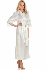 Ladies Long Satin Dressing Gown Lace Detail Women's Robe Wrap Size UK 10-24 NEW
