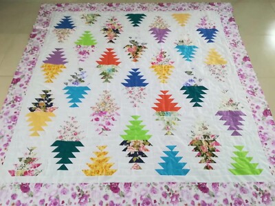 Holiday Sale Queen size Machine pieced  Pineapple patchwork quilt top #103A