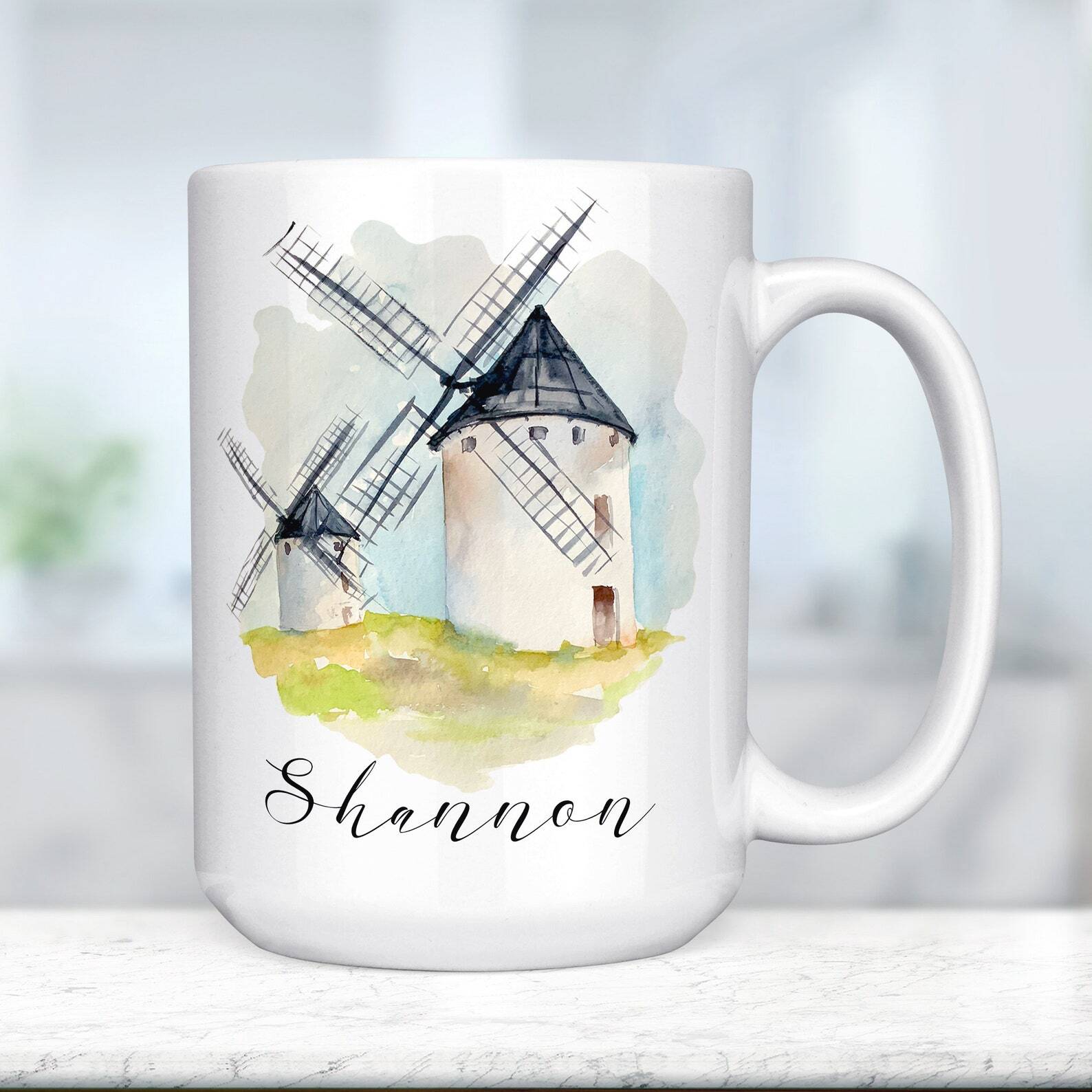 Watercolor Windmill Personalized Name Coffee Mug Microwave Dishwasher Safe Cup