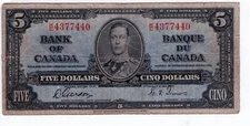 Bank of Canada 1937 $5 Dollars Gordon-Towers K/C Prefix Fine+ King George VI