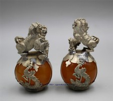 A PAIR CHINESE CARVED JADE & SILVER DRAGON FOO DOGS STATUE 20334