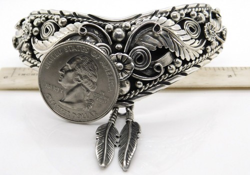 Pulsera SC 925 Colgante de Plata Esterlina Plumas y Flores Firmada en V - Imagen 10 de 11
