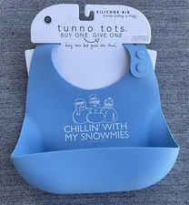 Tunno Tots NEW Silicone Blue Baby Bib Adjustable Neck Catch Pocket Snowmen