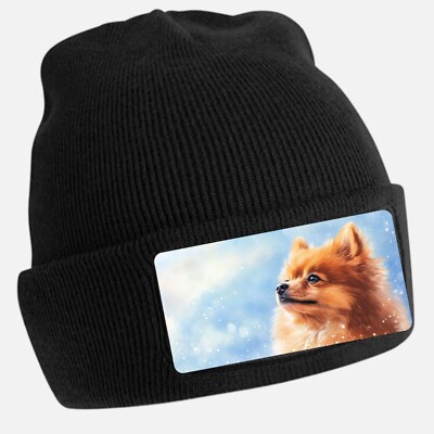 Black Beanie Hat with Cool Pomeranian Motif - Unisex Cap, Cotton
