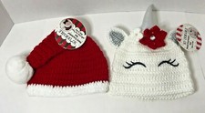 2 pack crocheted baby hats Santa Claus and Unicorn with faux fur trim