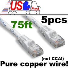Lot5 ALL COPPER 75ft long RJ45 Cat5e Ethernet/Network UTP Cable/Cord/Wire WHITE