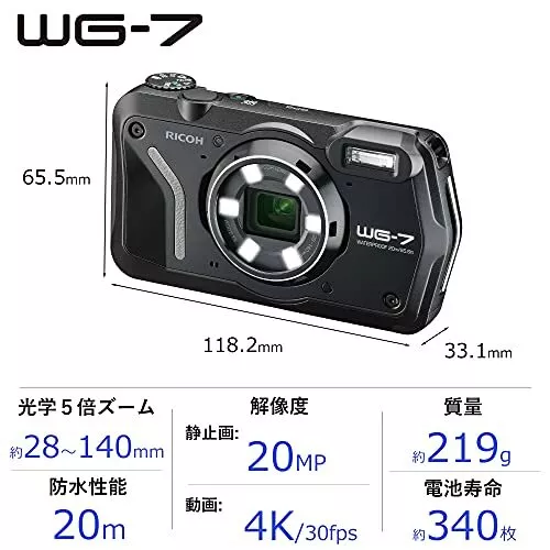 RICOH WG-7 Black Digital Camera Tough Waterproof Dustproof 4K WEB Camera GPS