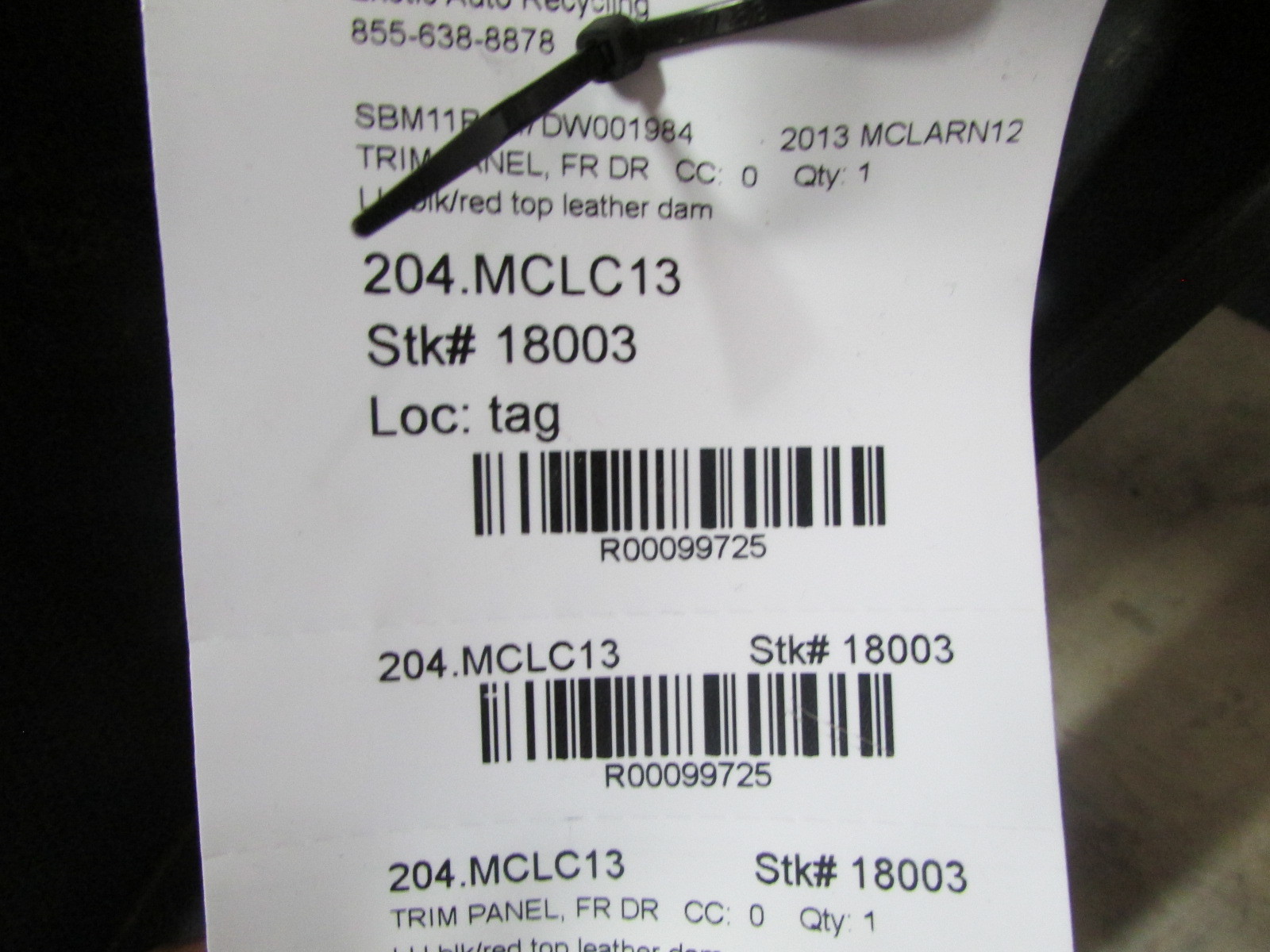 McLaren MP4-12C, LH, Left Door Trim Panel, Black Leather, Red Stitching, Used