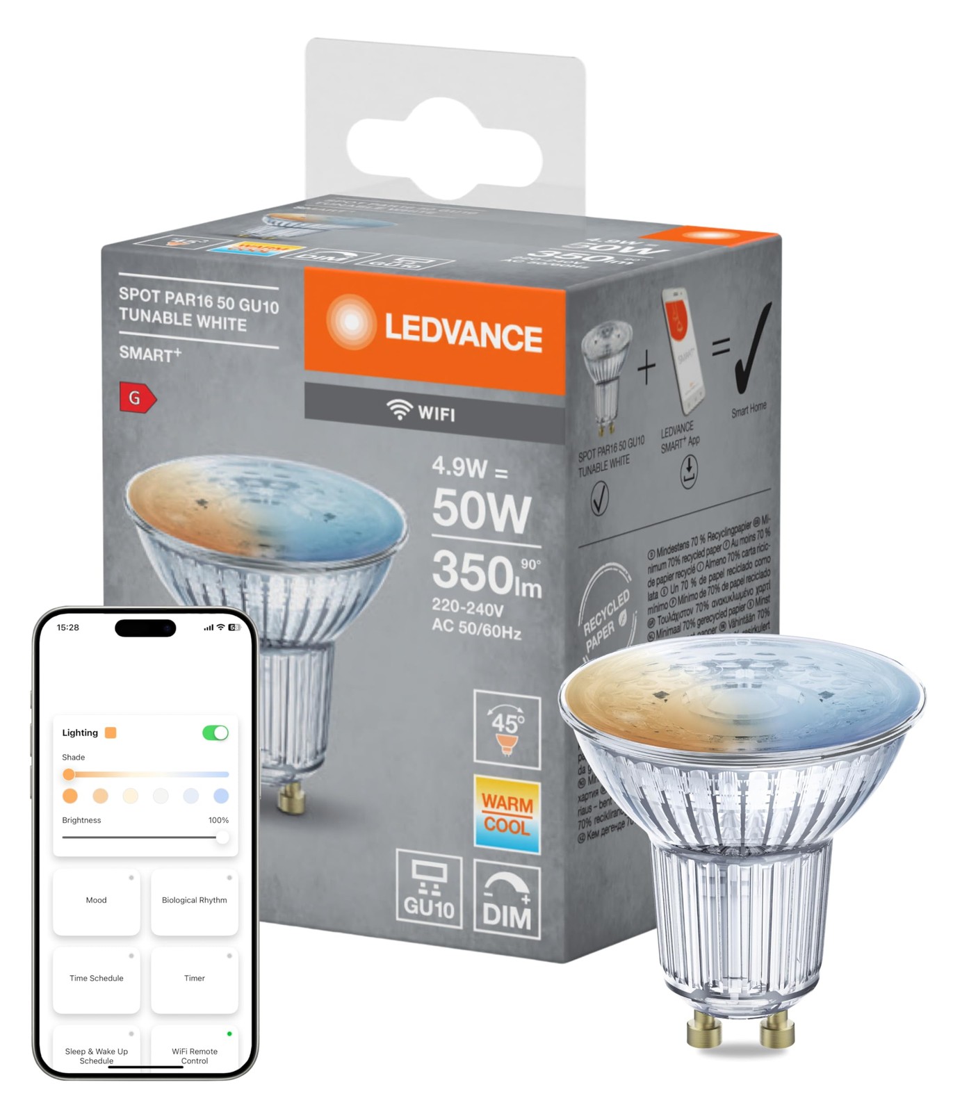 Réflecteur LED intelligent GU10 WiFi anti-gaspillage d'énergie pour maison