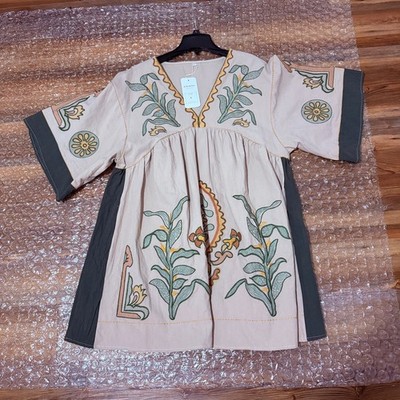 NWT Joiemont Women s LG Oversized Embroidered Babydoll Dress V-Neck 3/4 Sleeves