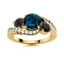 London Blue Topaz  Black Spienl Round 925 Silver Gold Plated Three Stone Ring
