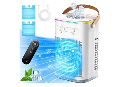 4-IN-1 Small Air Conditioner w/ 2 Ice Packs, 16.5ft Remote, 1200ML Tank White.
