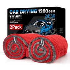 2 PCS XL 1300GSM Gray Red Microfiber Car Drying Towels 24x36 Inch Twisted Loop