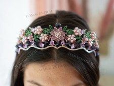 Purple Tiara Floral Gemstone Tiara Crown - Purple, Pink Green, One Size