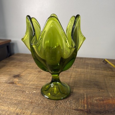 Vintage Viking Glass Epic Avocado Green Six Petal Compote Vase Pedestal