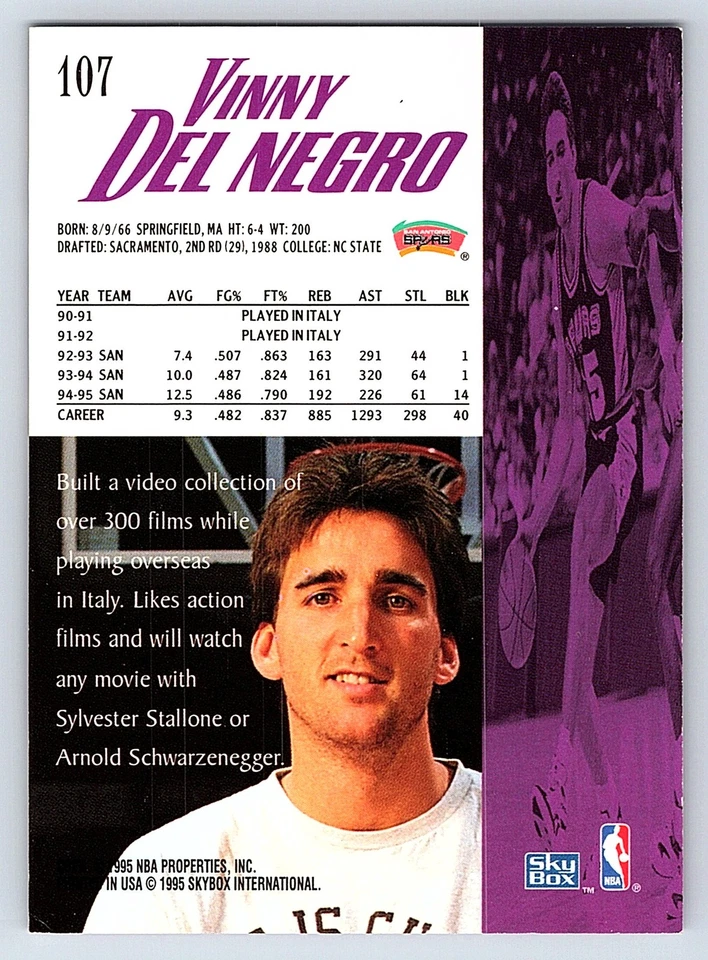 1995-96 SkyBox Premium #107 Vinny Del Negro San Antonio Spurs - Image 2 of 2