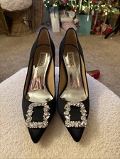 Badgley Mischka Womens Sz 9 Cher Crystal Buckle Pumps Black Satin Stilettos Glam