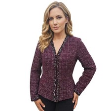 White House Black Market Burgundy Tweed Peplum Fringe Jacket Blazer Size 2