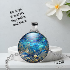 Visions of Blue Sea Ocean Dreams Silver Jewelry Necklace Set