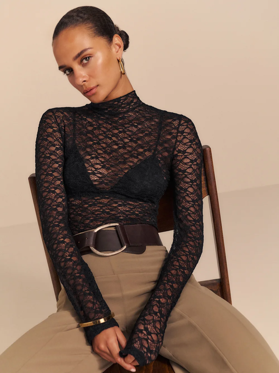 Reformation Nell Knit Top Black Lace Mesh Sheer Long Sleeve Mock
