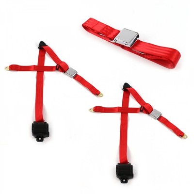  C Truck 1954-1960 Airplane 3pt Red Retractable Bench Seat Belt Kit - 3   