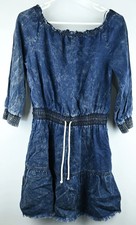 Jag Size 10 dark blue distressed torn off shoulder denim jean long sleeve sum...